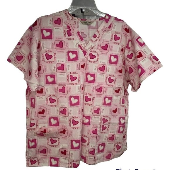 Lot of 2 Women Pink Hearts Floral V-Neck Scrub Tops Shirts Medium Pockets Cotton - Picture 1 of 10